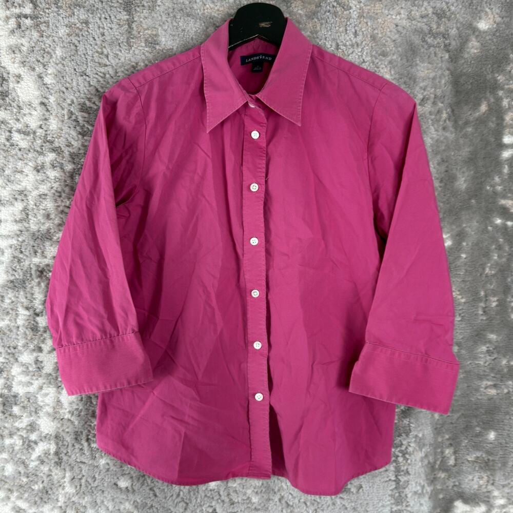 Lands End Petite Size 8P Casual Button Top Pink Collar Minimalist Cotton Blend